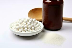 Collagen powder and pills on white . Top view. AI Generated photo