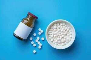 Collagen powder and pills on blue . Top view. AI Generated photo