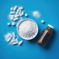 Collagen powder and pills on blue . Top view. AI Generated photo