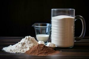Whey protein powder, jar and measure spoon. AI Generated photo