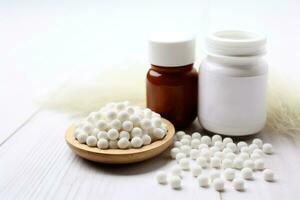 Collagen powder and pills on white . Top view. AI Generated photo