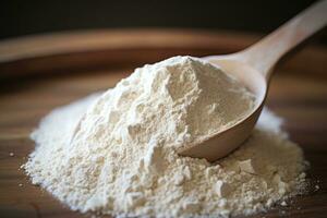 Whey protein powder in measure spoon. AI Generated photo