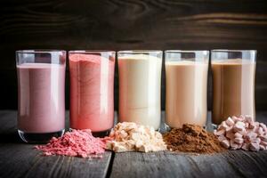 variety of flavored protein powder in jars. AI Generated photo