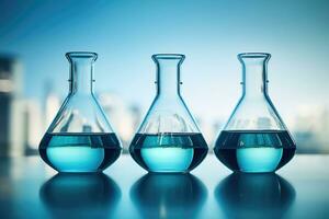 Laboratory equipment beakers and flask with backlight in different group. AI Generated photo