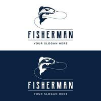 pescar club logo diseño con creativo pescador de caña y saltando pez. vector