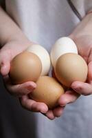 the hands of an invisible person are holding fresh chicken eggs from the farm in front of them in the palms of their palms. photo