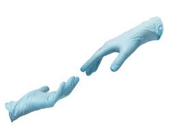 Two hands in sterile blue nitrile gloves reach out to each other. Skin protection during epidemics and quarantine. There is a place for text photo