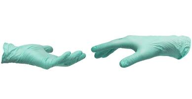 Two hands in sterile mintcolored nitrile gloves reach out to each other. Skin protection during epidemics and quarantine. There is a place for text. High quality photo