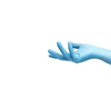 graceful palm gesture in a blue glove of nitrile. isolated on a white background. High quality photo