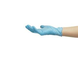 hand with blue glove of nitrile holds open palm. isolated a white background.High quality photo. High quality photo