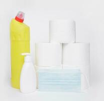 detergents, mask toilet paper and soap on white background. High quality photo