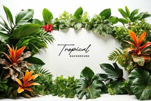 AI generated Tropical foliage at the bottom on isolated white background with copy space. photo