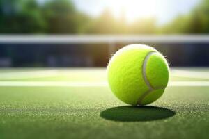 Closeup of tennis ball on court floor. AI Generated photo
