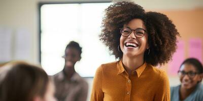 smiling African American woman teaching in classroom. AI Generated photo