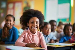 smiling African American girl studying in classroom. AI Generated photo