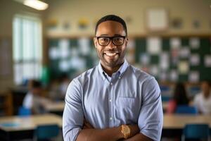 smiling African American man wearing glasses teaching in classroom. AI Generated photo