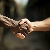 Closeup of two arms different race skin colors multinational friends shaking hands. AI Generated photo