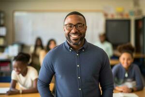 smiling African American man wearing glasses teaching in classroom. AI Generated photo