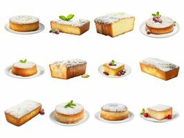 AI generated yogurt cake with powdered sugar collection isolated on white background photo