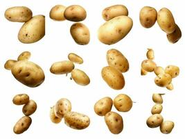 AI generated Falling fresh potatoes collection isolated on white background photo