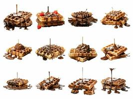 AI generated pouring chocolate over belgian waffle collection isolated on white background photo