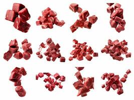 AI generated Falling meat beef cubes collection isolated on white background photo