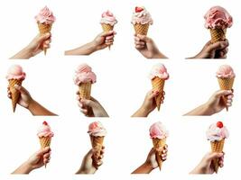 AI generated female hand holding strawberry ice cream cone collection isolated on white background. photo