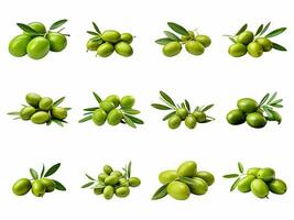 AI generated Green olives with leaves collection isolated on white background photo