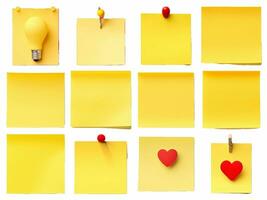 AI generated yellow sticky post it note collection isolated on white background photo