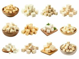 AI generated Tofu cubes collection isolated on white background photo