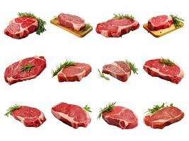 AI generated fresh raw beef steak collection isolated on white background photo