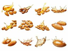 AI generated almonds with an oil drop collection isolated on white background. photo