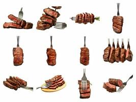 AI generated slices of beef steak on a frok collection isolated on white background photo