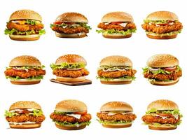 AI generated fried chicken burger collection isolated on white background photo