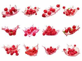 AI generated raspberries in juice splash collection isolated on white background photo