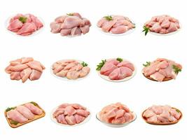 AI generated raw chicken meat collection isolated on white background photo