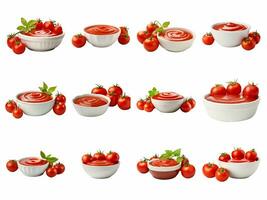 AI generated tomato ketchup in bowl collection isolated on white background photo