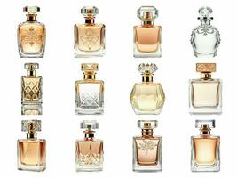 AI generated elegant bottle of perfume collection isolated on white background photo