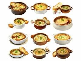 AI generated Onion soup collection isolated on white background photo