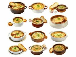 AI generated Onion soup collection isolated on white background photo