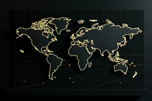AI generated Golden world map on dark background. Global business concept. 3D Rendering, Abstract mash line and point scales on a black background with a world map, AI Generated photo