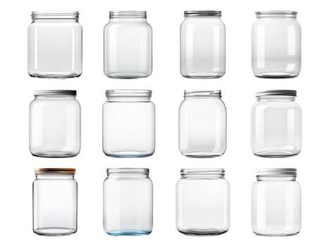 Glass jar collection isolated on white background with AI generated. photo