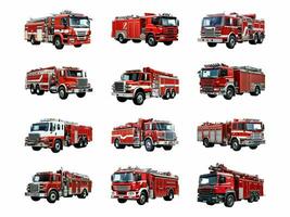 Firetruck collection isolated on white background with AI generated. photo