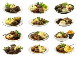 Haggis neeps and tatties collection isolated on white background with AI generated. photo