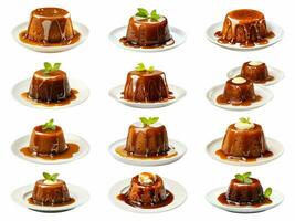 Sticky toffee pudding collection isolated on white background with AI generated. photo