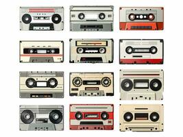 cassette tape collection isolated on white background with AI generated. photo