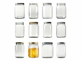 Mason jar collection isolated on white background with AI generated. photo