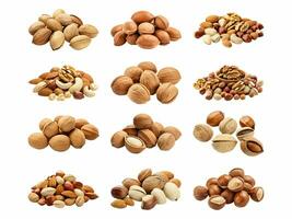 Nuts collection isolated on white background with AI generated. photo