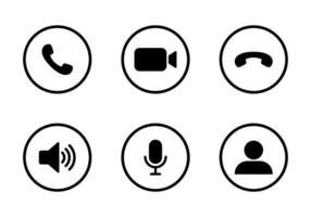 Call, video camera, microphone, speaker, and profile icon vector in circle line