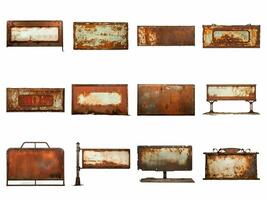 Rusty vintage empty metal sign collection isolated on white background with AI generated. photo
